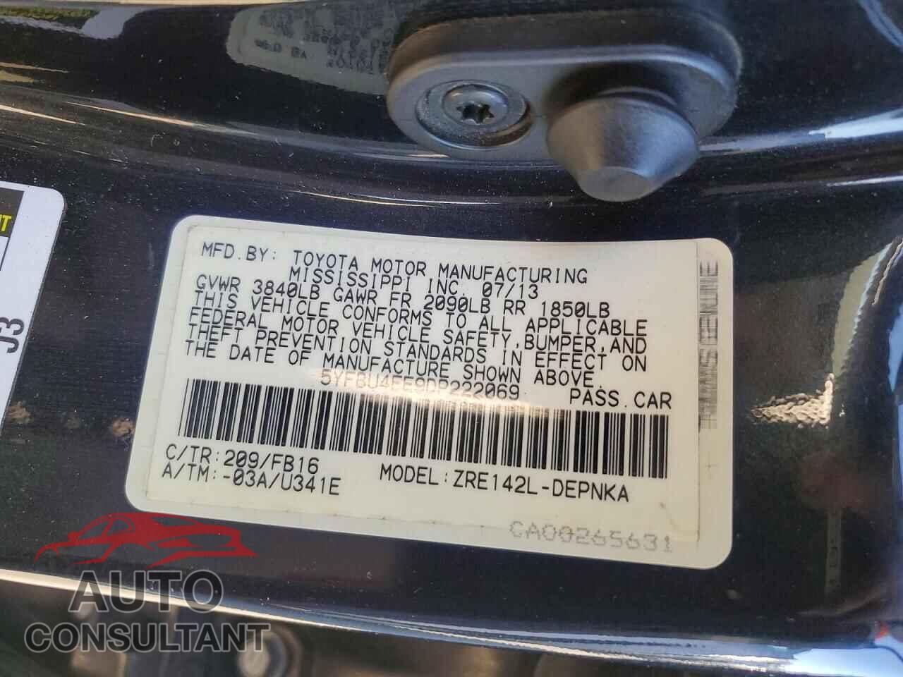 TOYOTA COROLLA 2013 - 5YFBU4EE9DP222069