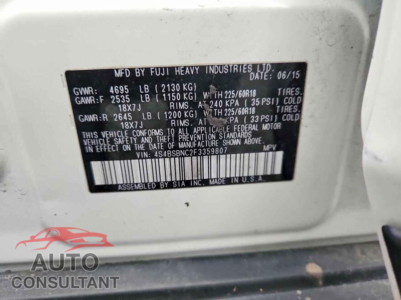 SUBARU OUTBACK 2015 - 4S4BSBNC2F3359807