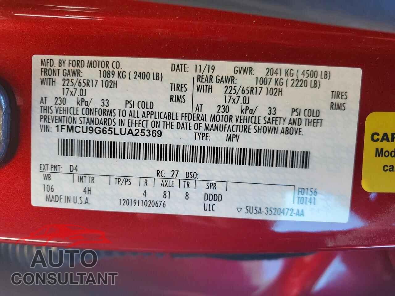FORD ESCAPE 2020 - 1FMCU9G65LUA25369