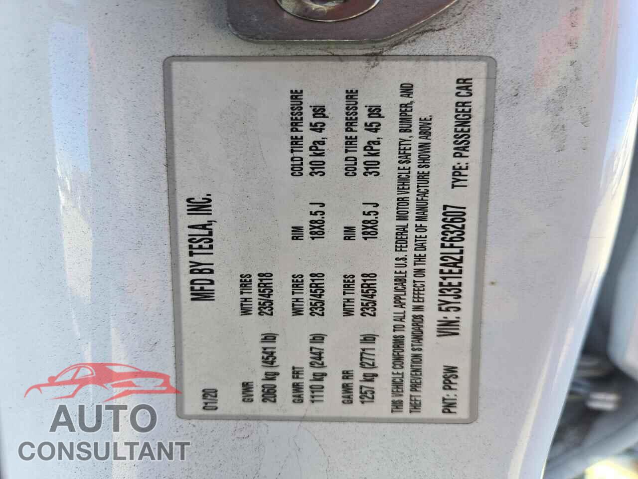 TESLA MODEL 3 2020 - 5YJ3E1EA2LF632607