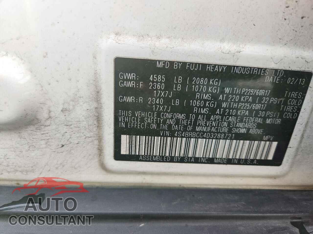 SUBARU OUTBACK 2013 - 4S4BRBCC4D3288721