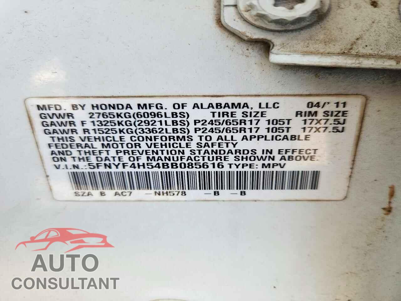 HONDA PILOT 2011 - 5FNYF4H54BB085616