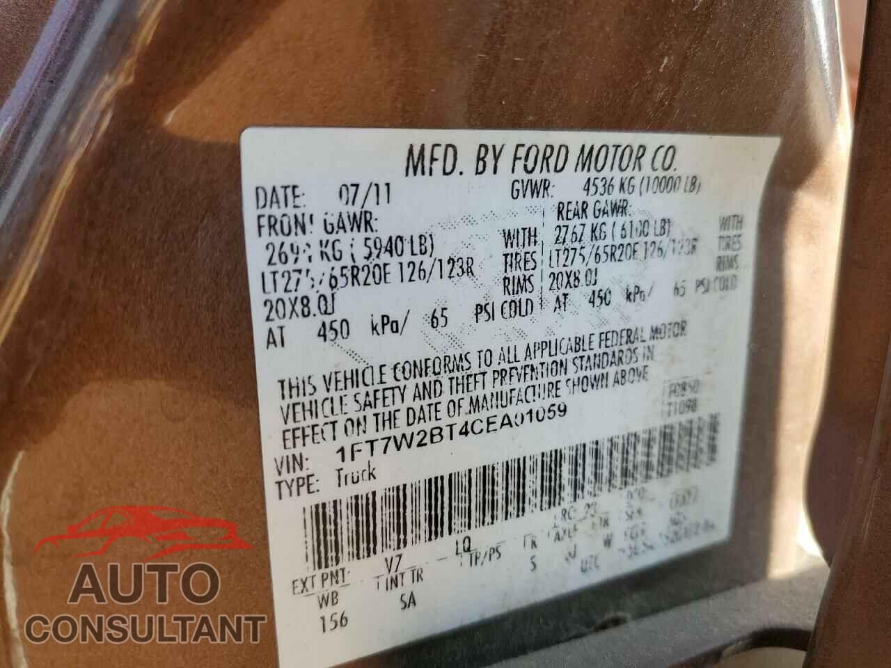 FORD F250 2012 - 1FT7W2BT4CEA01059
