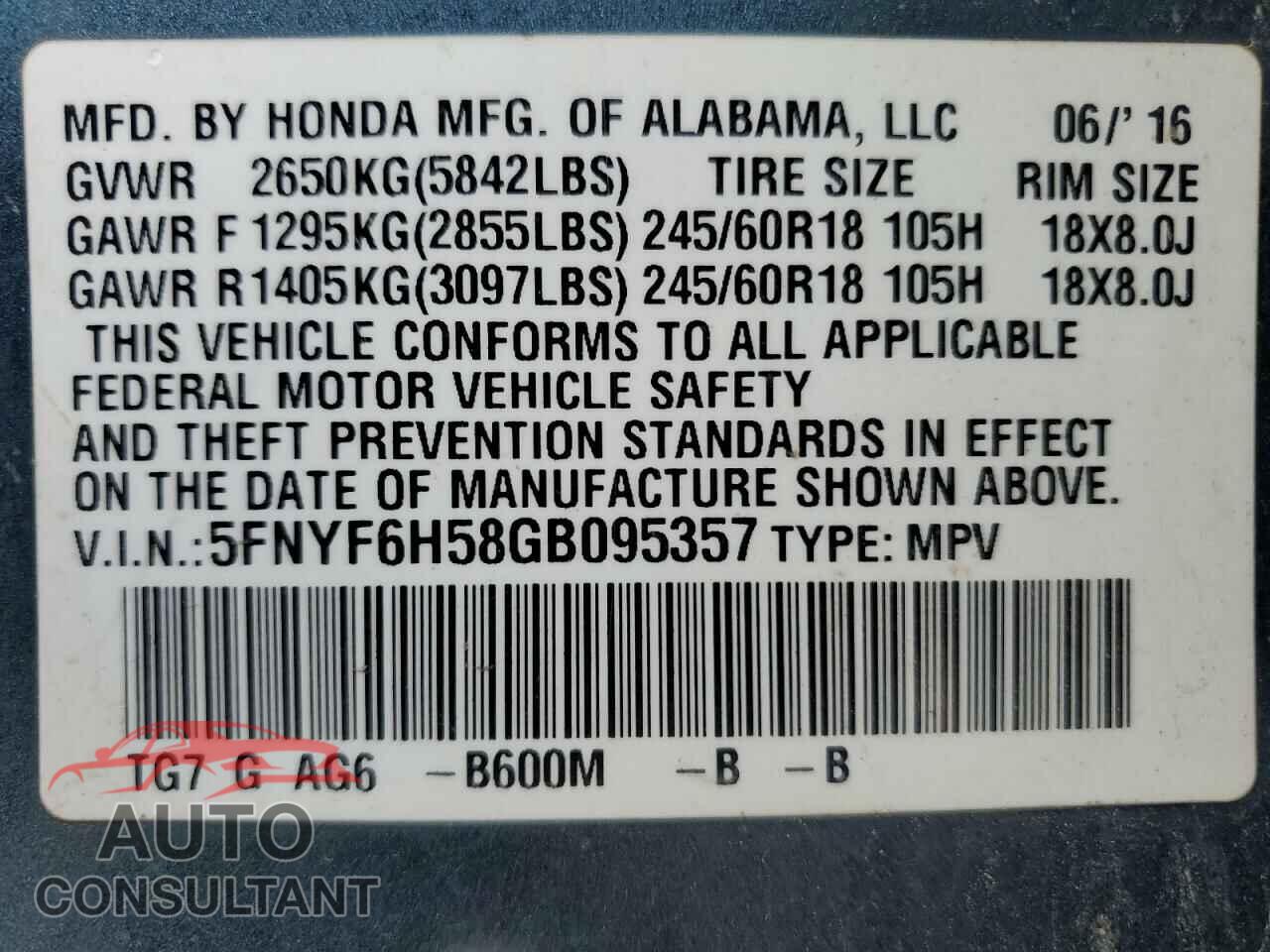 HONDA PILOT 2016 - 5FNYF6H58GB095357