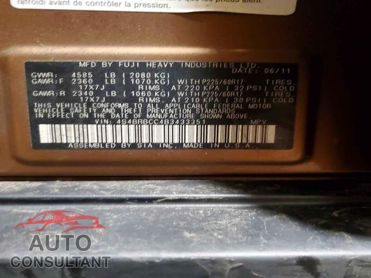 SUBARU OUTBACK 2011 - 4S4BRBCC4B3433351