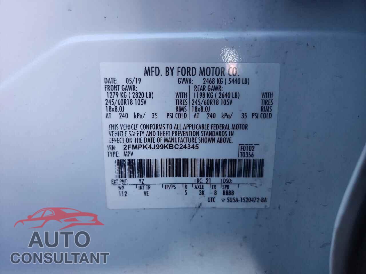 FORD EDGE 2019 - 2FMPK4J99KBC24345