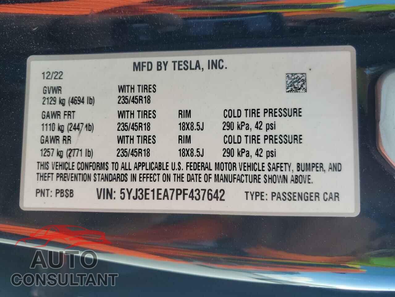 TESLA MODEL 3 2023 - 5YJ3E1EA7PF437642
