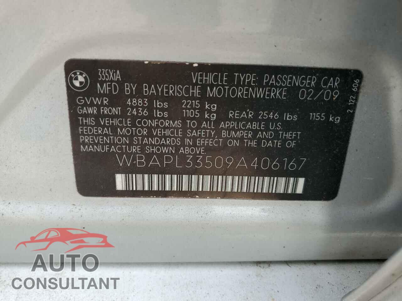 BMW 3 SERIES 2009 - WBAPL33509A406167