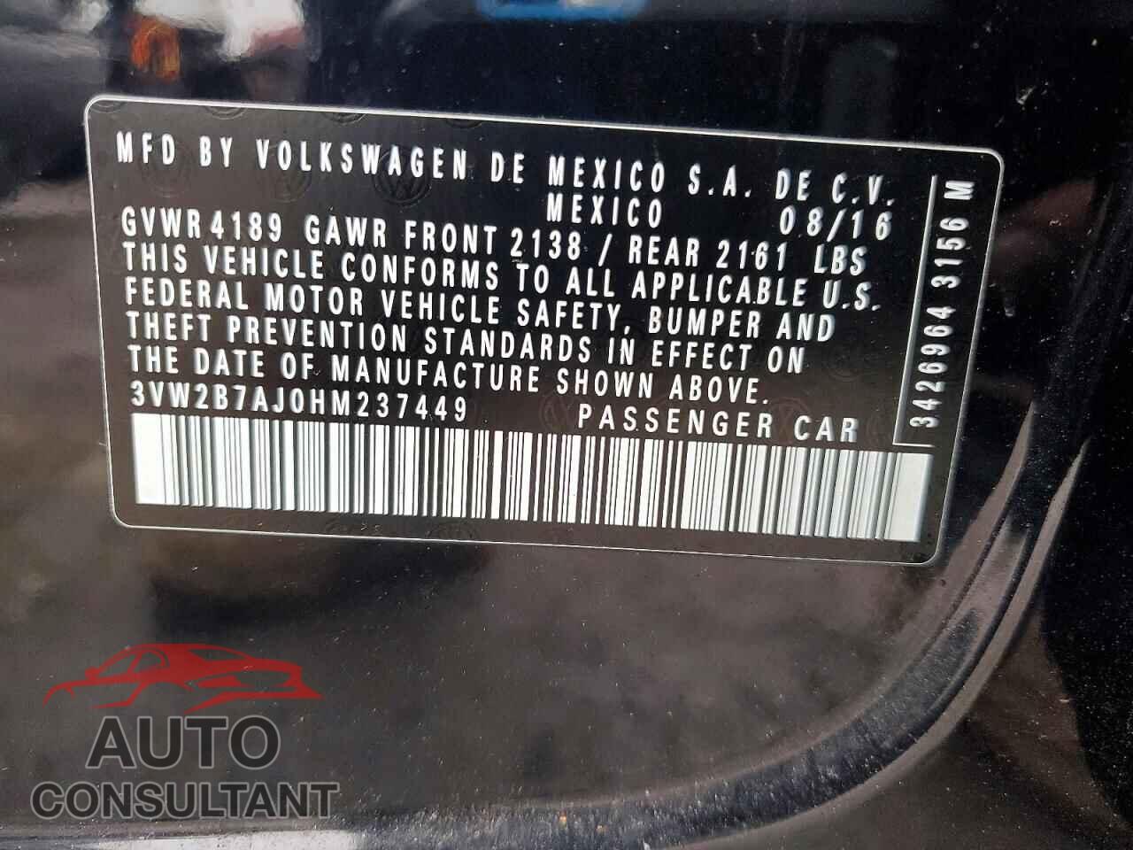 VOLKSWAGEN JETTA 2017 - 3VW2B7AJ0HM237449