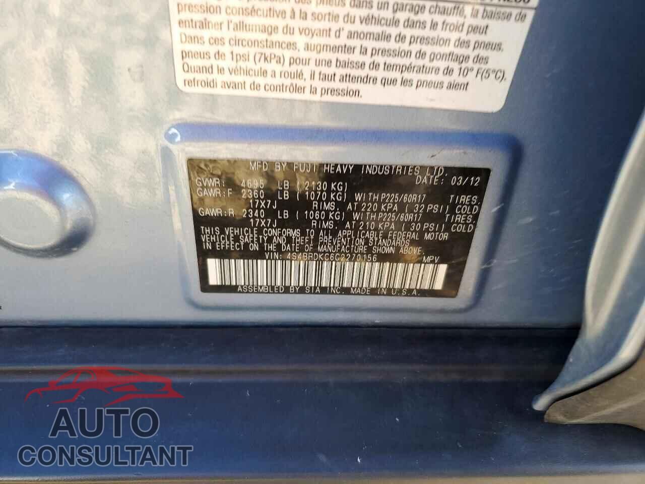 SUBARU OUTBACK 2012 - 4S4BRDKC6C2270156