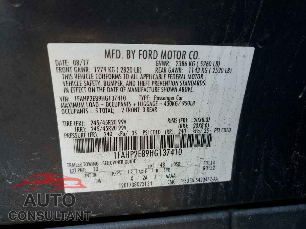 FORD TAURUS 2017 - 1FAHP2E89HG137410