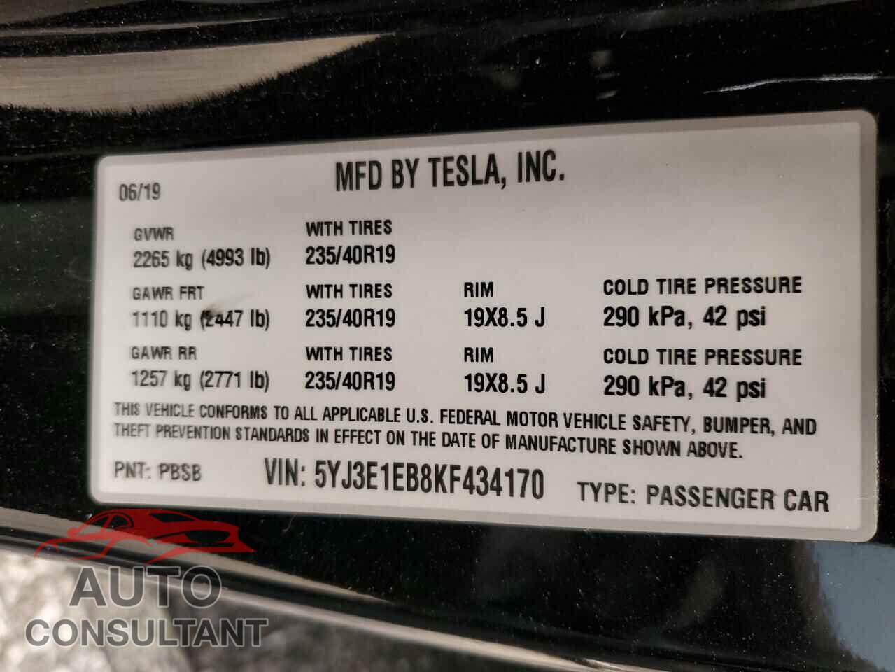 TESLA MODEL 3 2019 - 5YJ3E1EB8KF434170