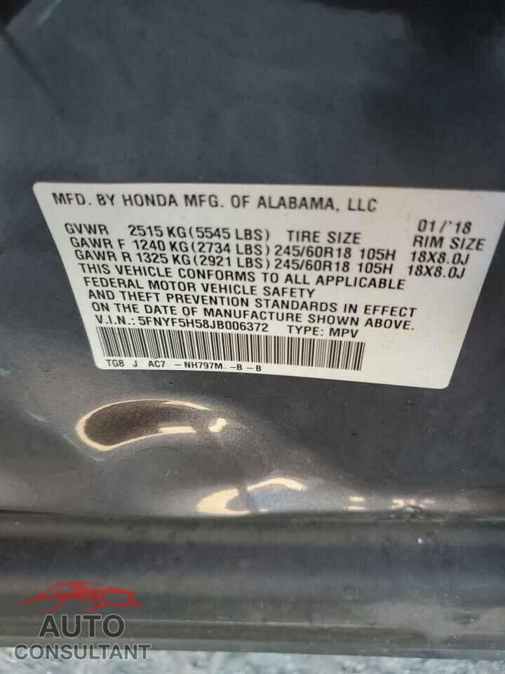 HONDA PILOT 2018 - 5FNYF5H58JB006372