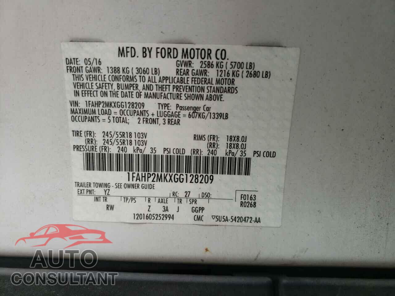 FORD TAURUS 2016 - 1FAHP2MKXGG128209