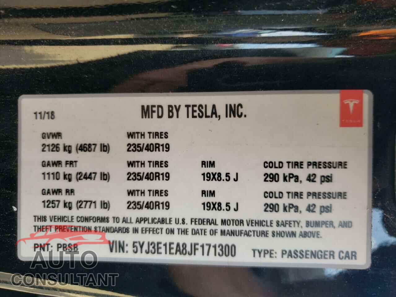 TESLA MODEL 3 2018 - 5YJ3E1EA8JF171300