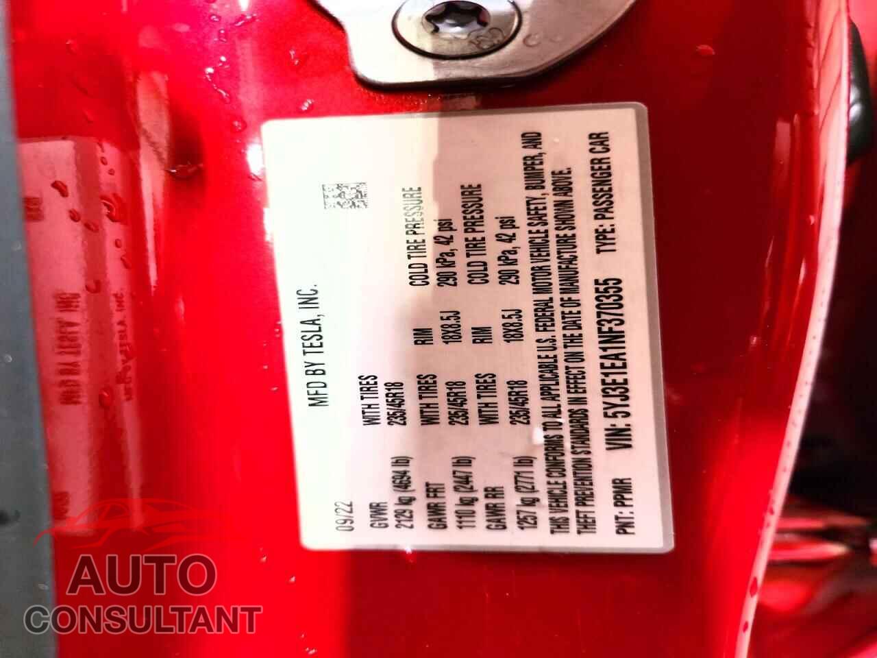 TESLA MODEL 3 2022 - 5YJ3E1EA1NF370355