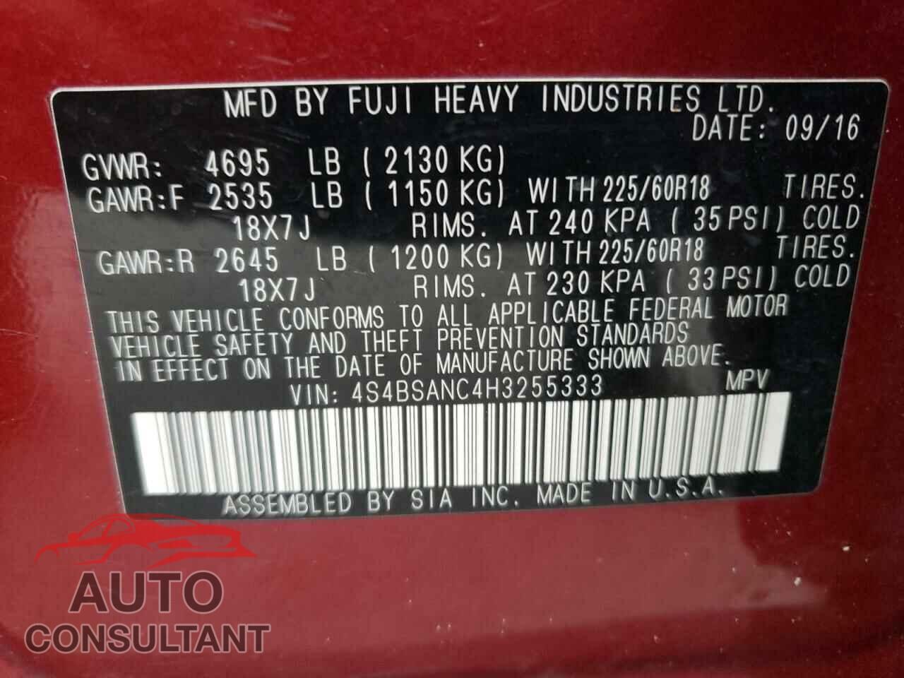 SUBARU OUTBACK 2017 - 4S4BSANC4H3255333