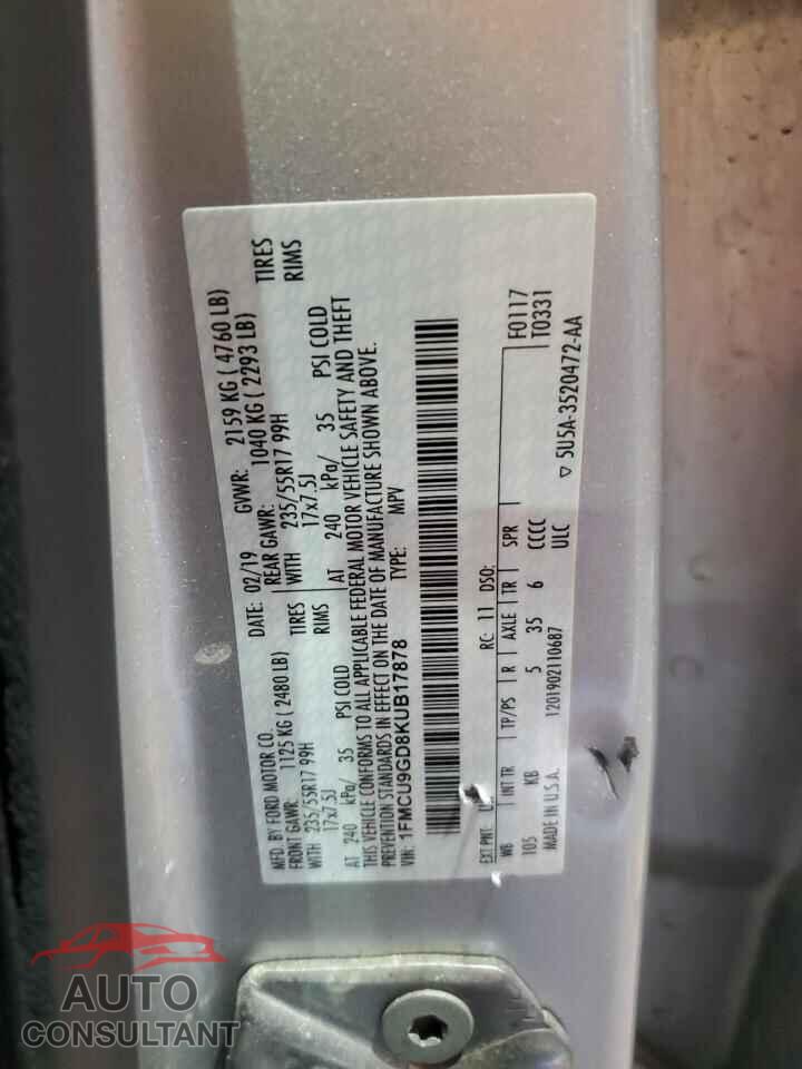 FORD ESCAPE 2019 - 1FMCU9GD8KUB17878