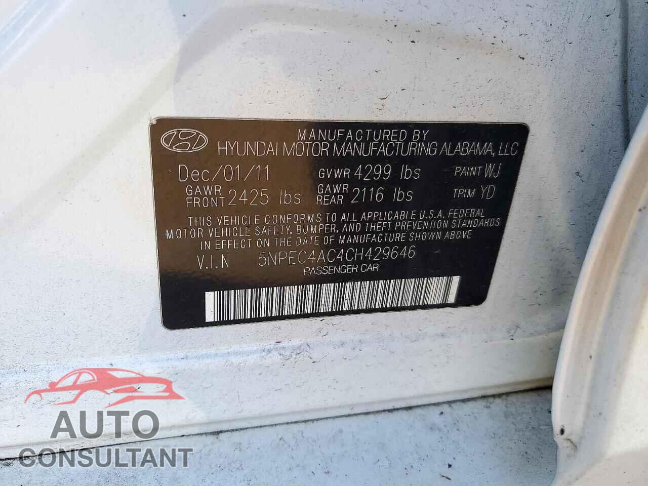 HYUNDAI SONATA 2012 - 5NPEC4AC4CH429646