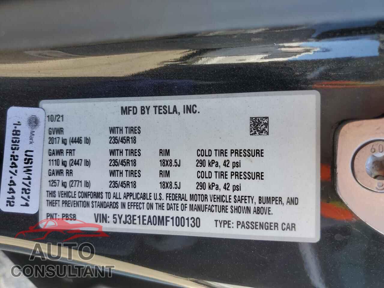 TESLA MODEL 3 2021 - 5YJ3E1EA0MF100130