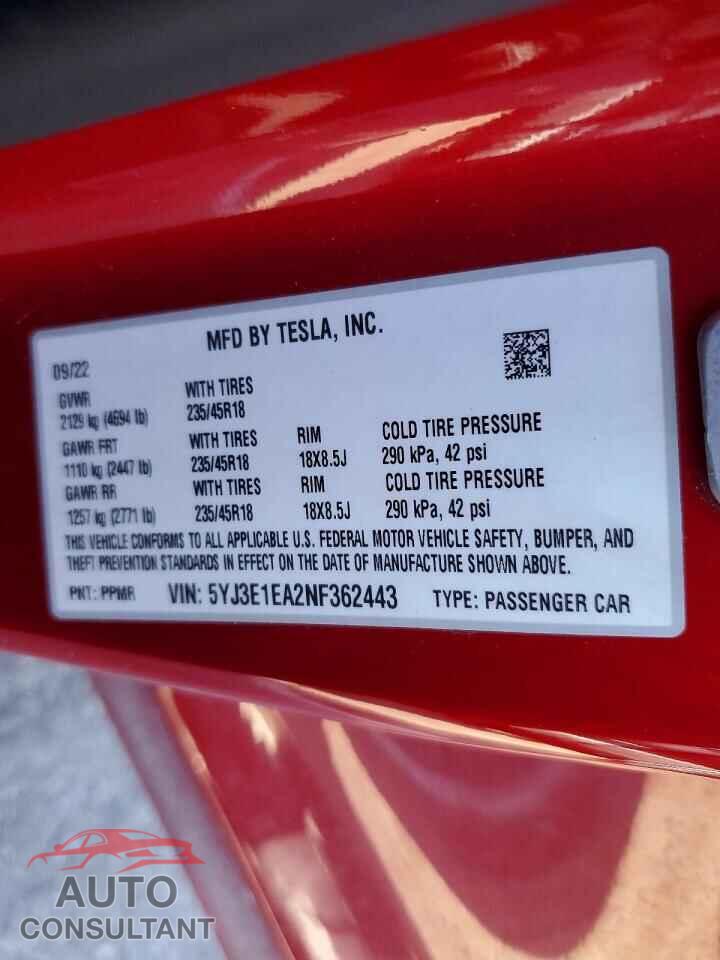 TESLA MODEL 3 2022 - 5YJ3E1EA2NF362443