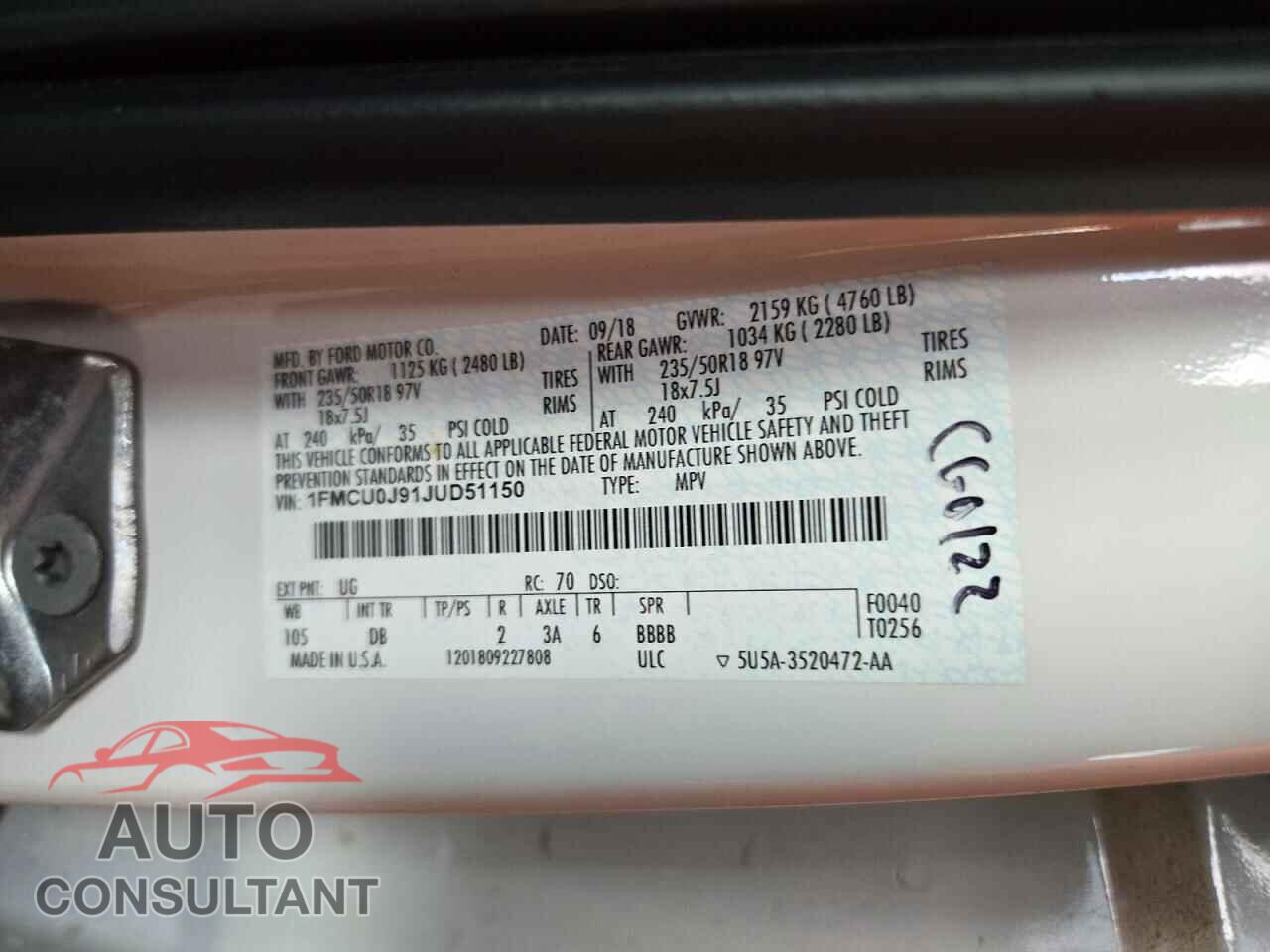 FORD ESCAPE 2018 - 1FMCU0J91JUD51150