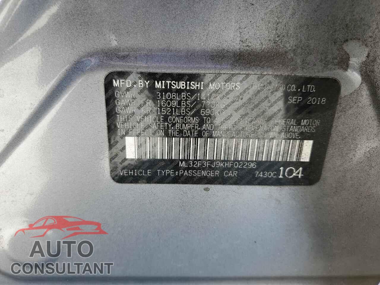 MITSUBISHI MIRAGE 2019 - ML32F3FJ9KHF02296