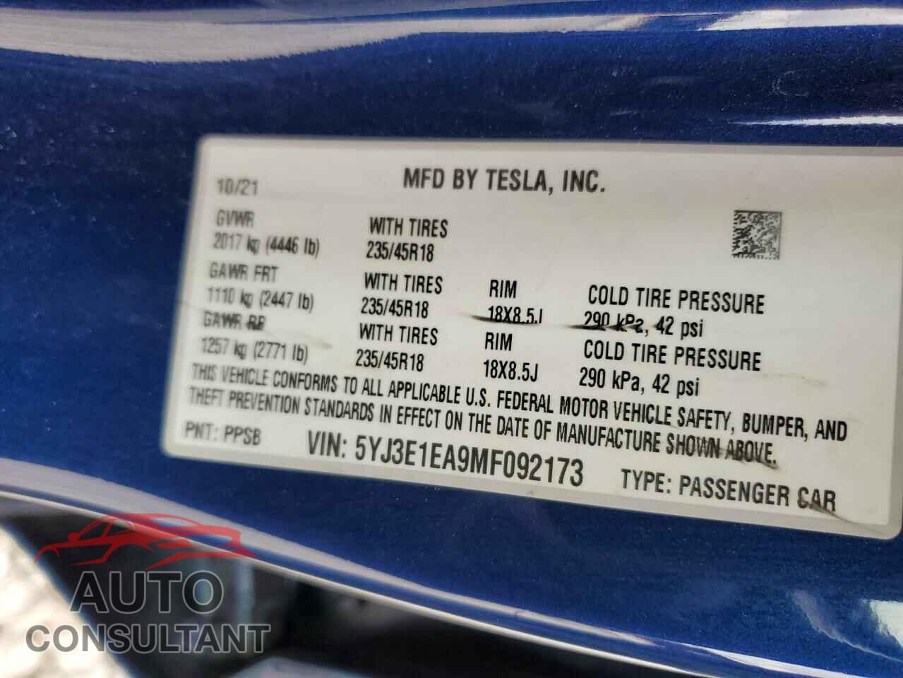 TESLA MODEL 3 2021 - 5YJ3E1EA9MF092173