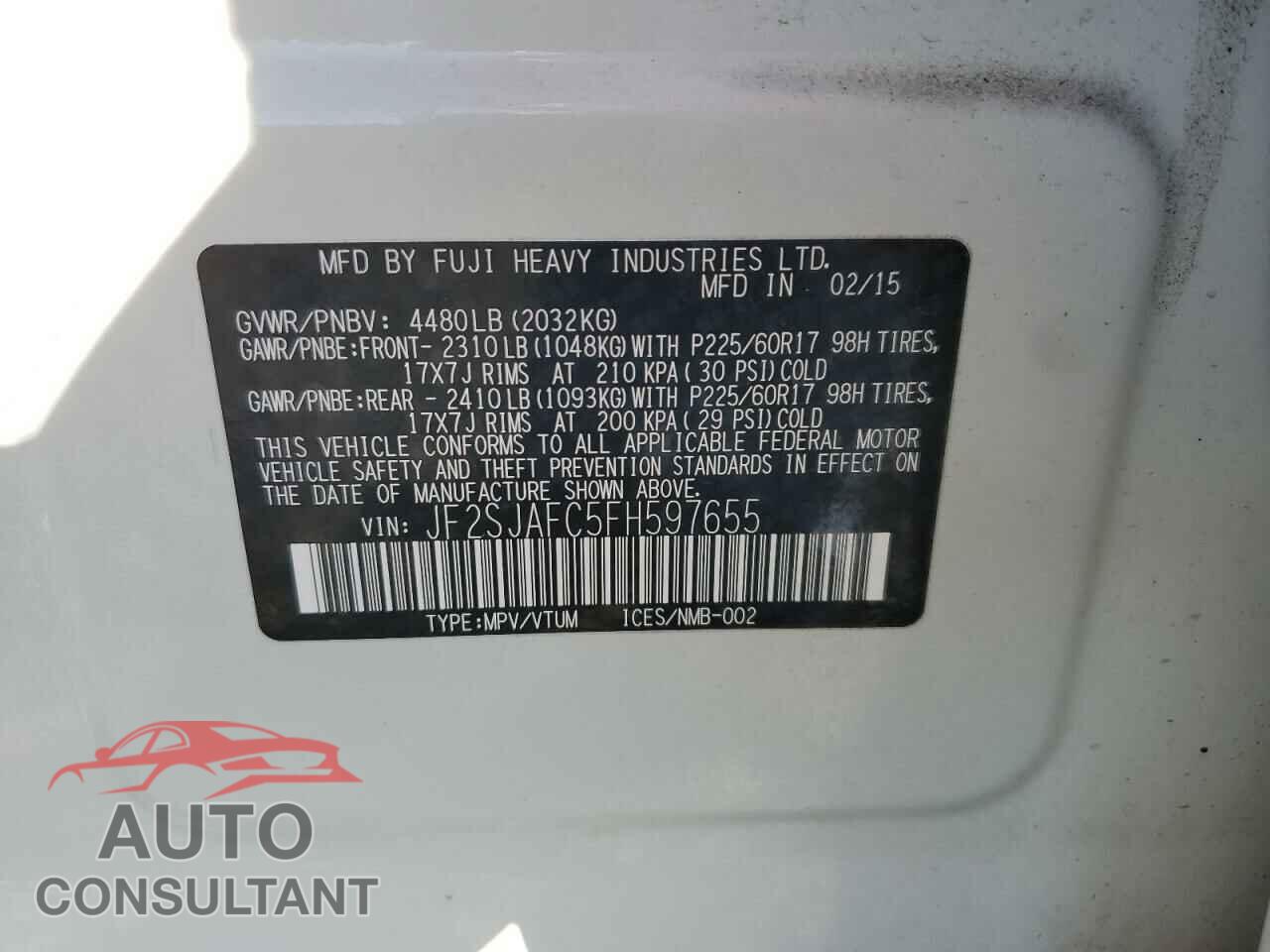 SUBARU FORESTER 2015 - JF2SJAFC5FH597655