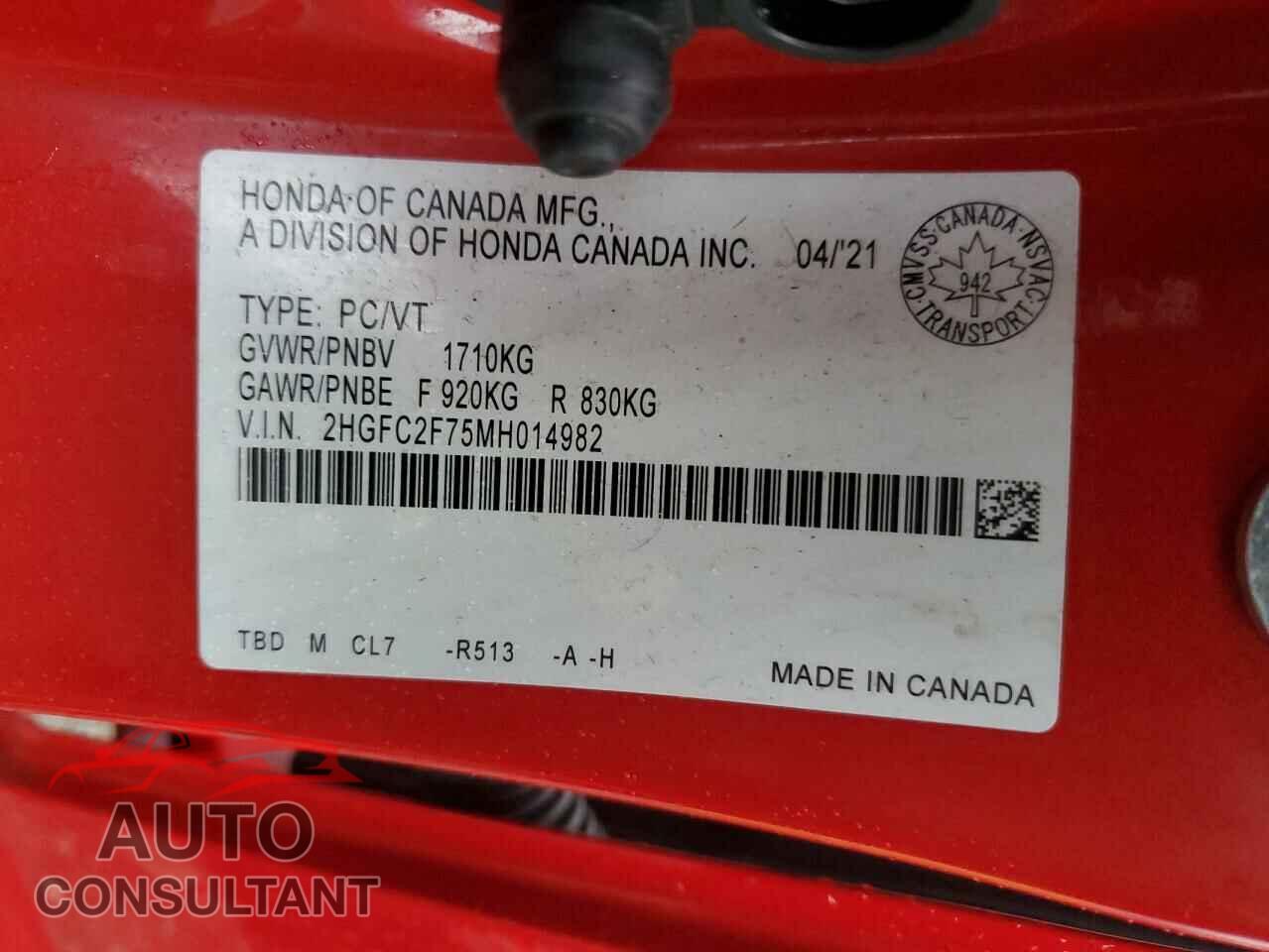 HONDA CIVIC 2021 - 2HGFC2F75MH014982