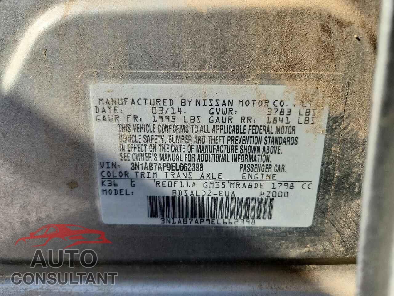 NISSAN SENTRA 2014 - 3N1AB7AP9EL662398