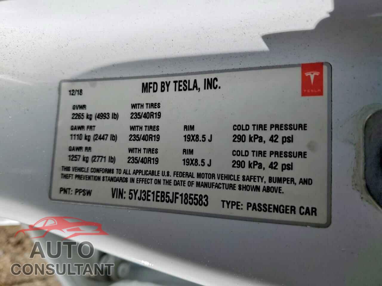 TESLA MODEL 3 2018 - 5YJ3E1EB5JF185583