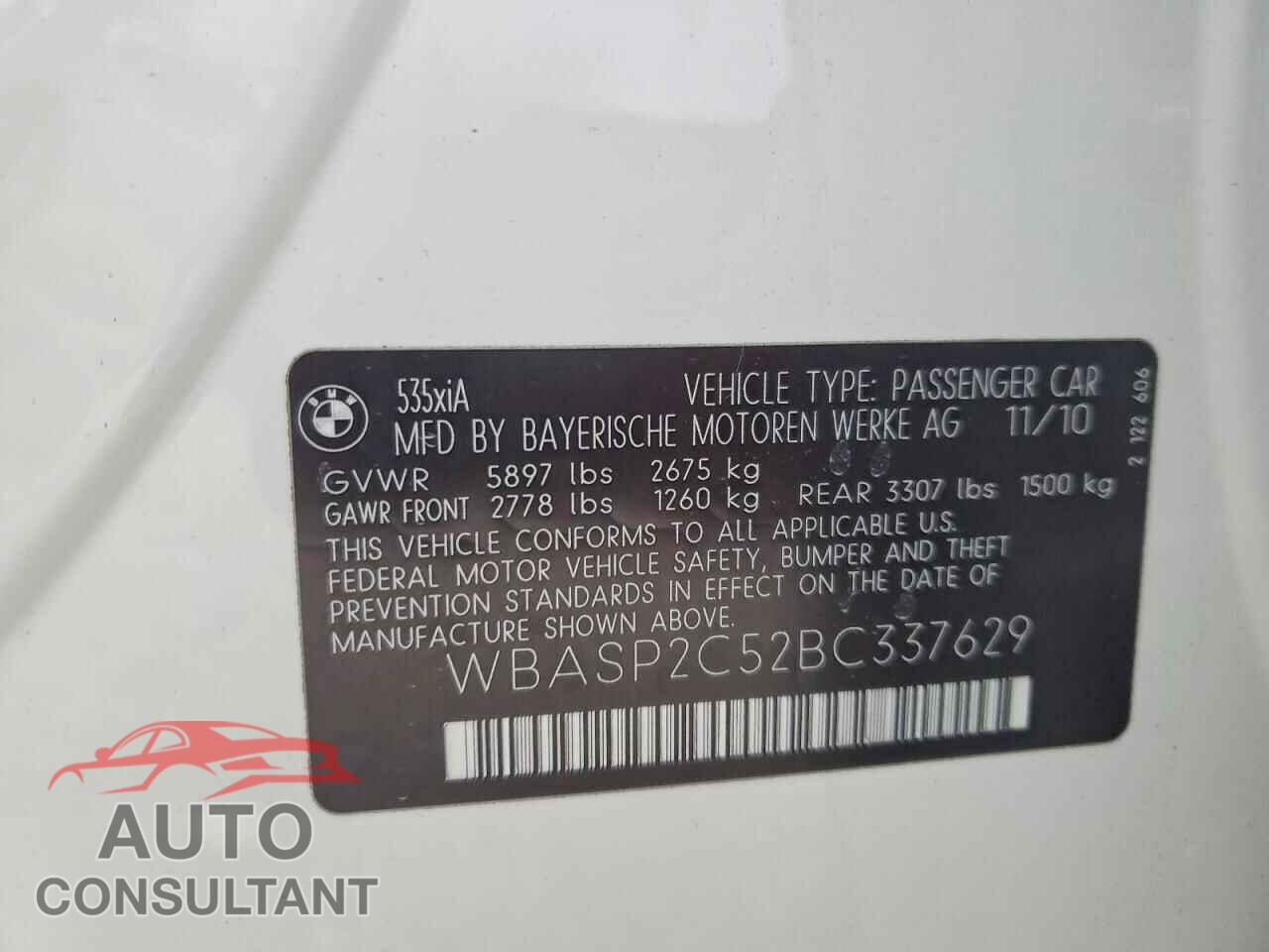 BMW 5 SERIES 2011 - WBASP2C52BC337629