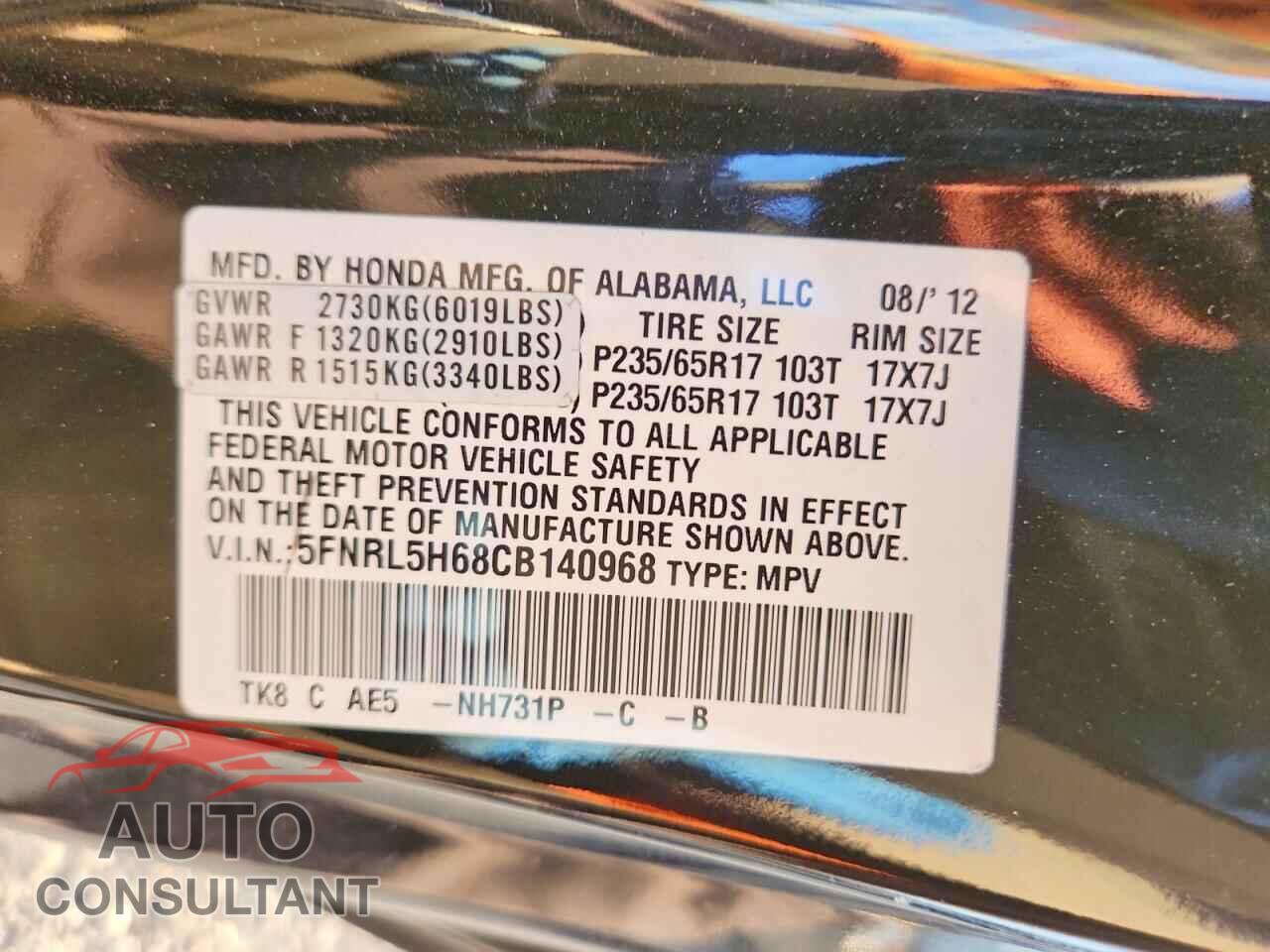 HONDA All Models 2012 - 5FNRL5H68CB140968