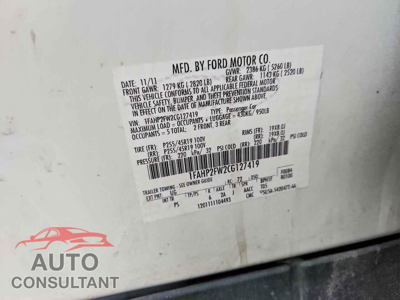 FORD TAURUS 2012 - 1FAHP2FW2CG127419