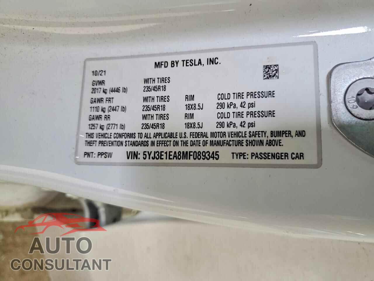 TESLA MODEL 3 2021 - 5YJ3E1EA8MF089345