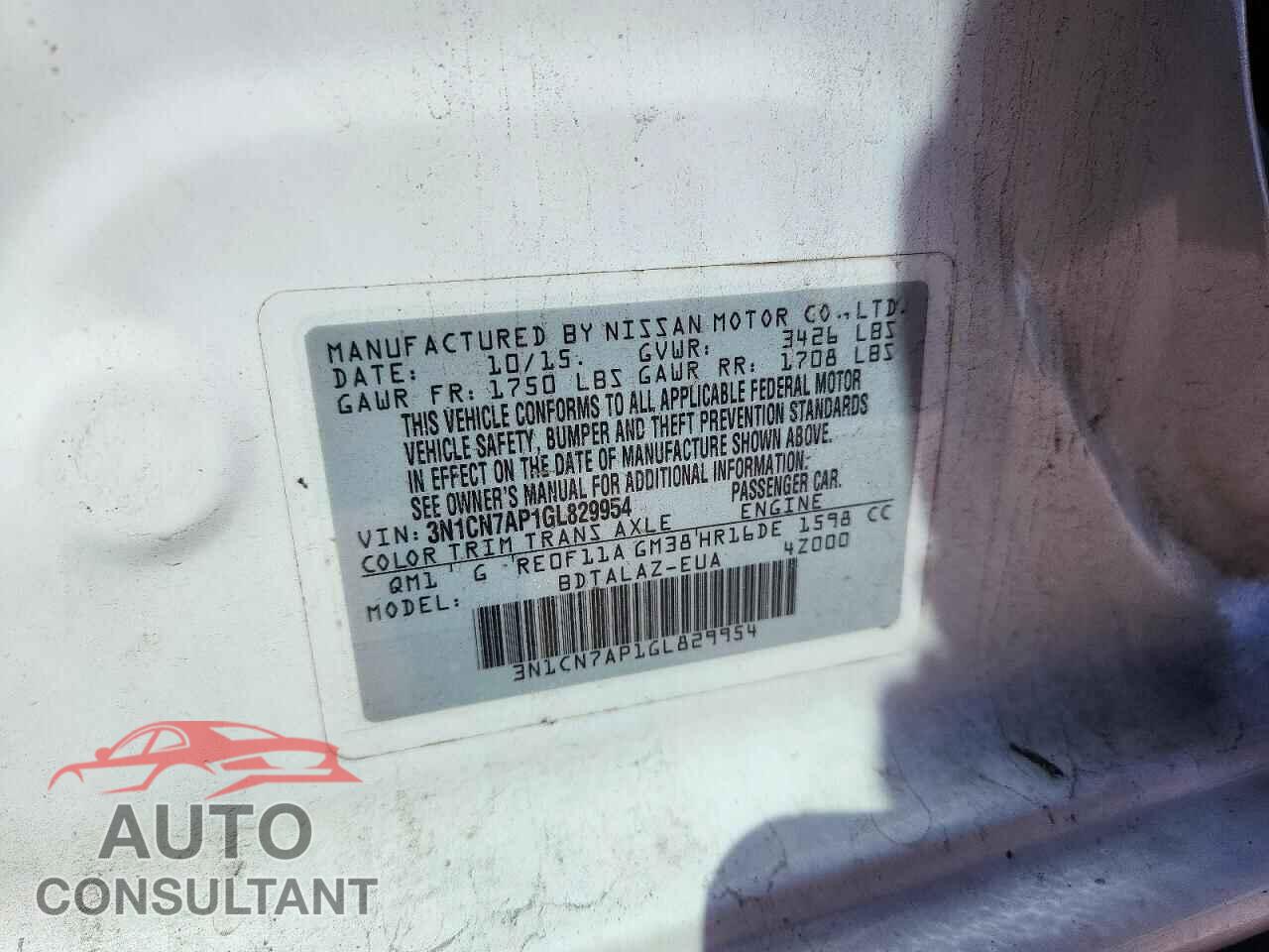 NISSAN VERSA 2016 - 3N1CN7AP1GL829954