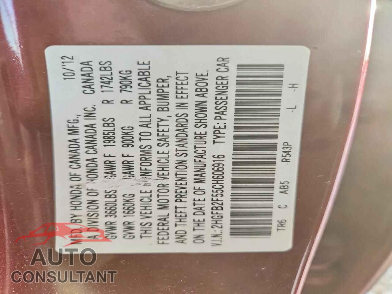 HONDA CIVIC 2012 - 2HGFB2F55CH606916