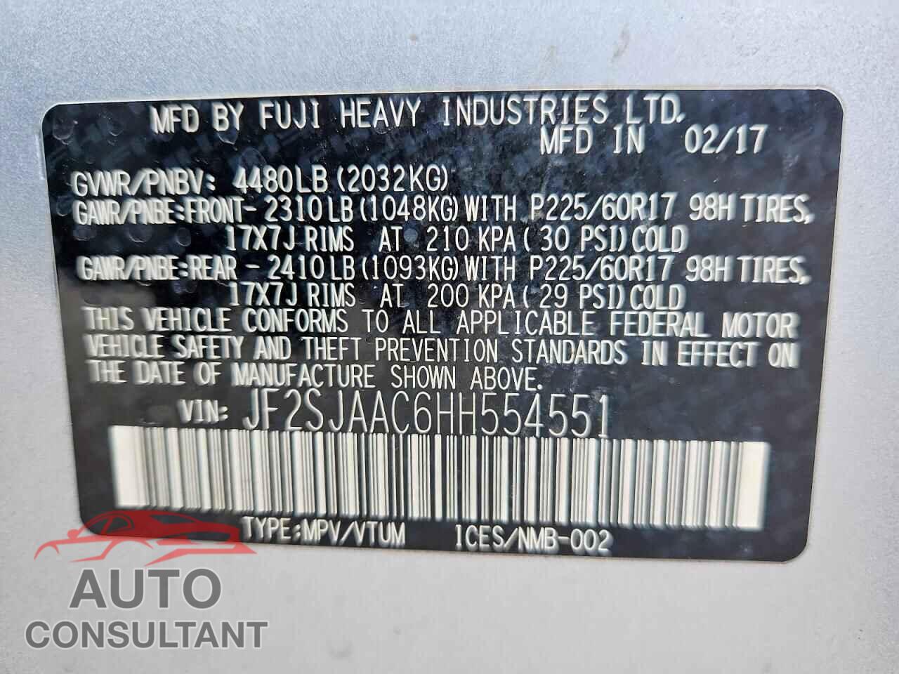 SUBARU FORESTER 2017 - JF2SJAAC6HH554551