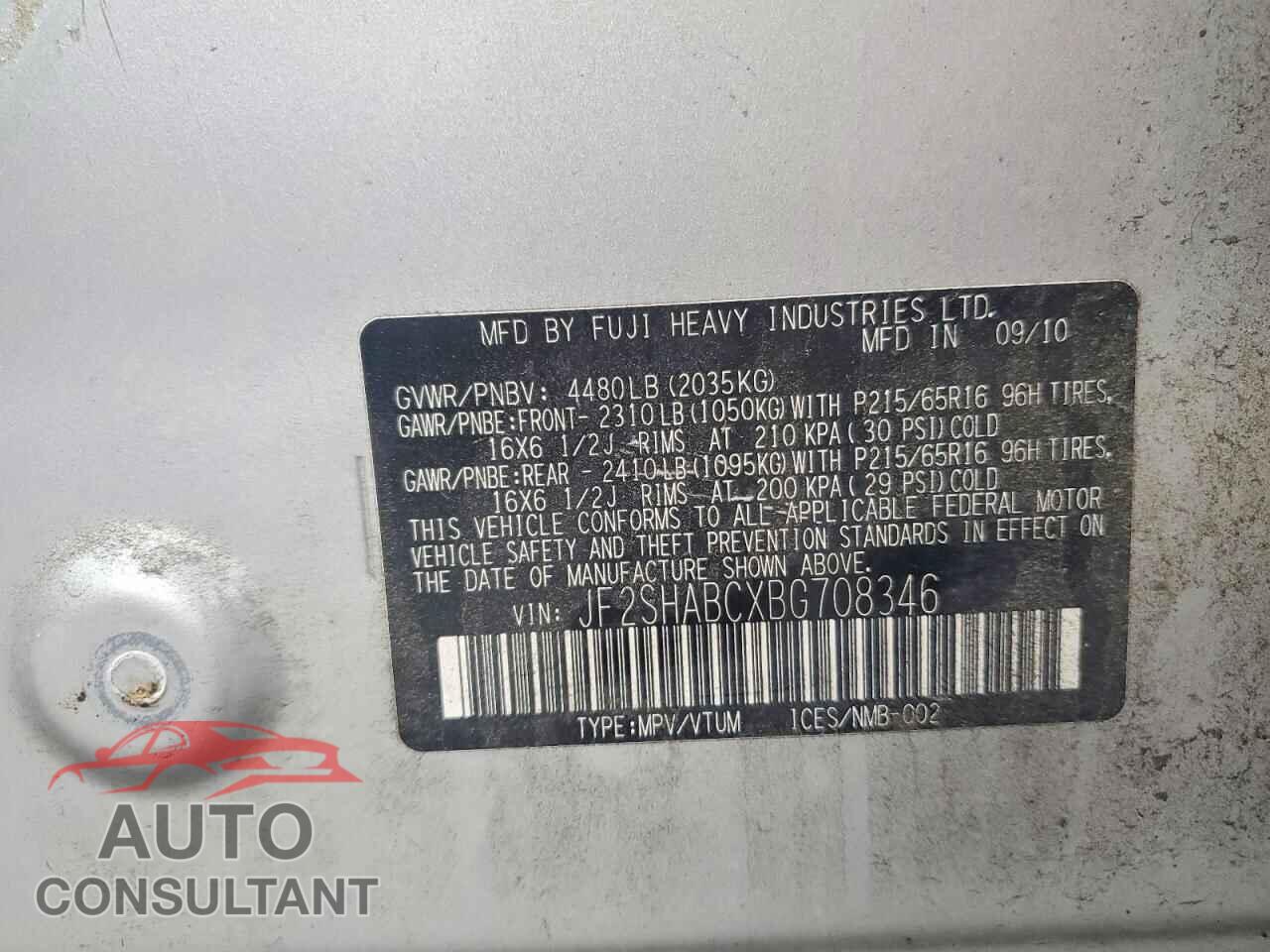 SUBARU FORESTER 2011 - JF2SHABCXBG708346