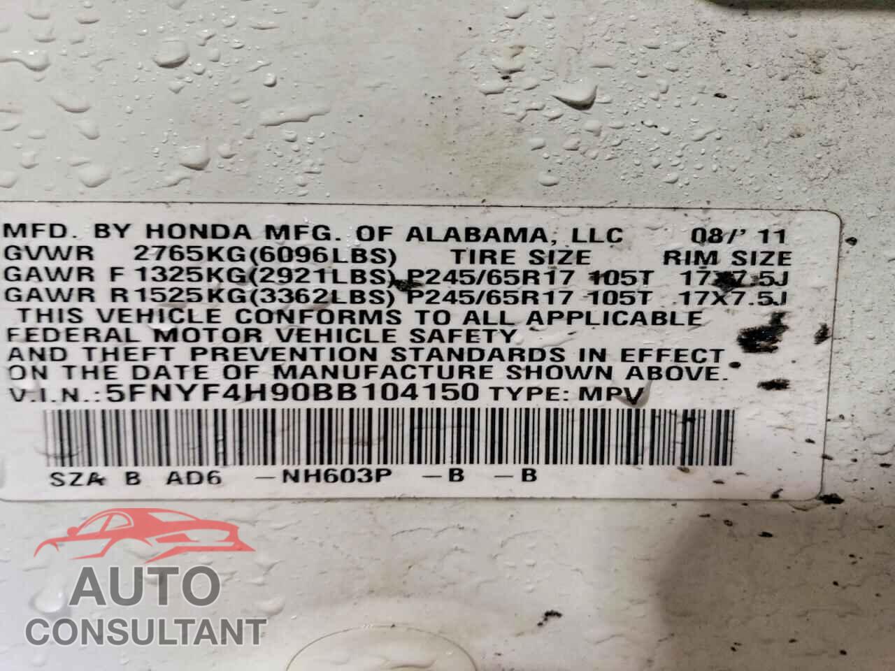 HONDA PILOT 2011 - 5FNYF4H90BB104150