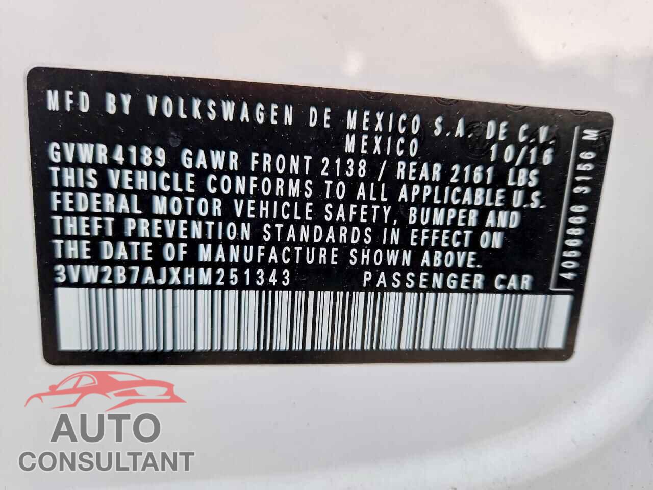 VOLKSWAGEN JETTA 2017 - 3VW2B7AJXHM251343