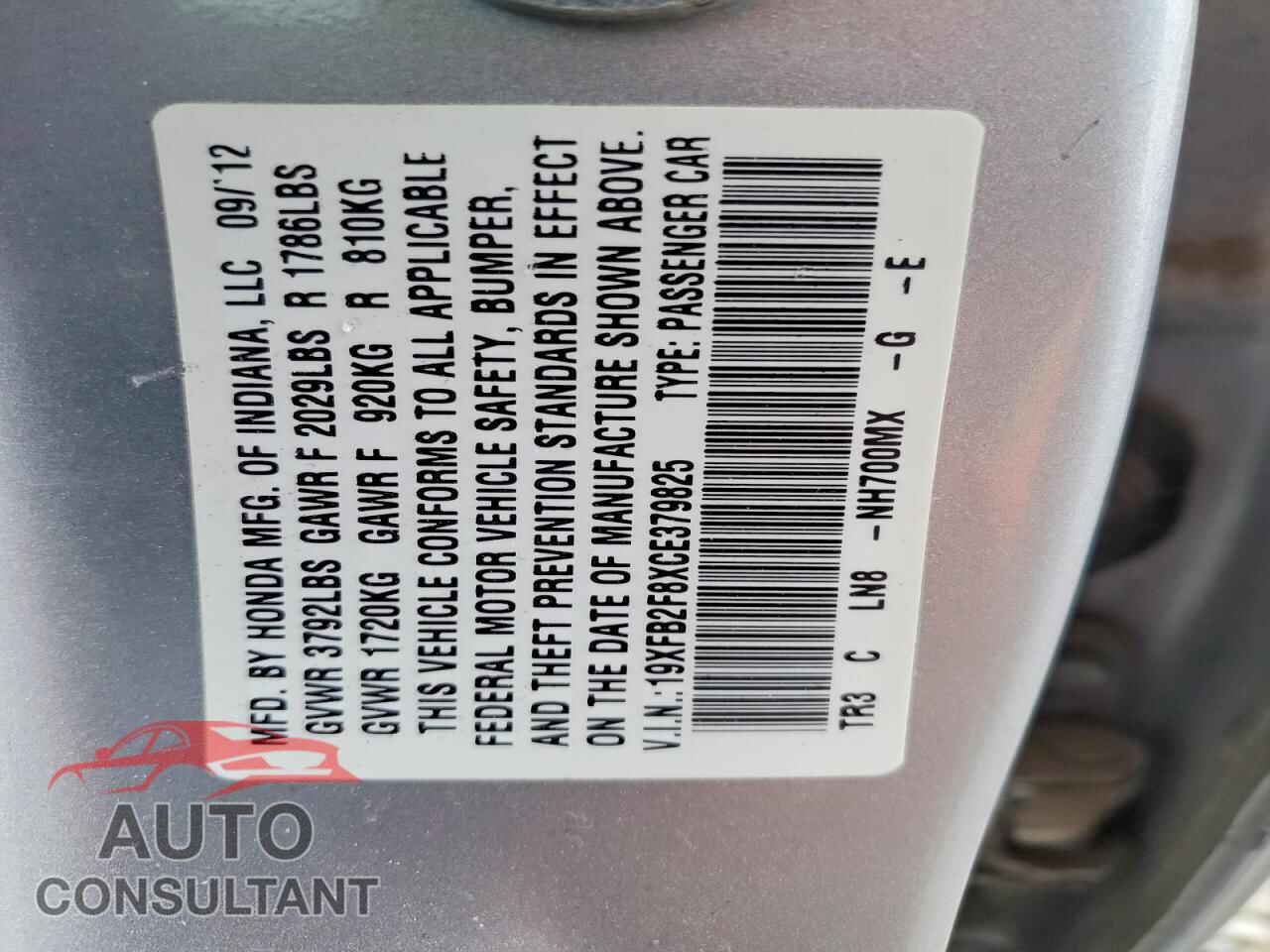 HONDA CIVIC 2012 - 19XFB2F8XCE379825