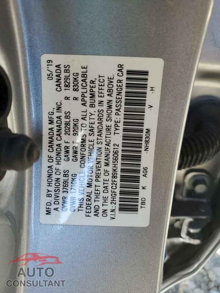 HONDA CIVIC 2019 - 2HGFC2F89KH560612