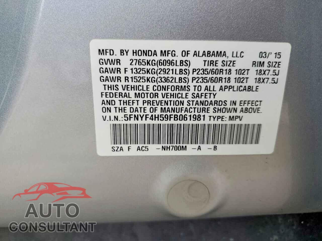 HONDA PILOT 2015 - 5FNYF4H59FB061981