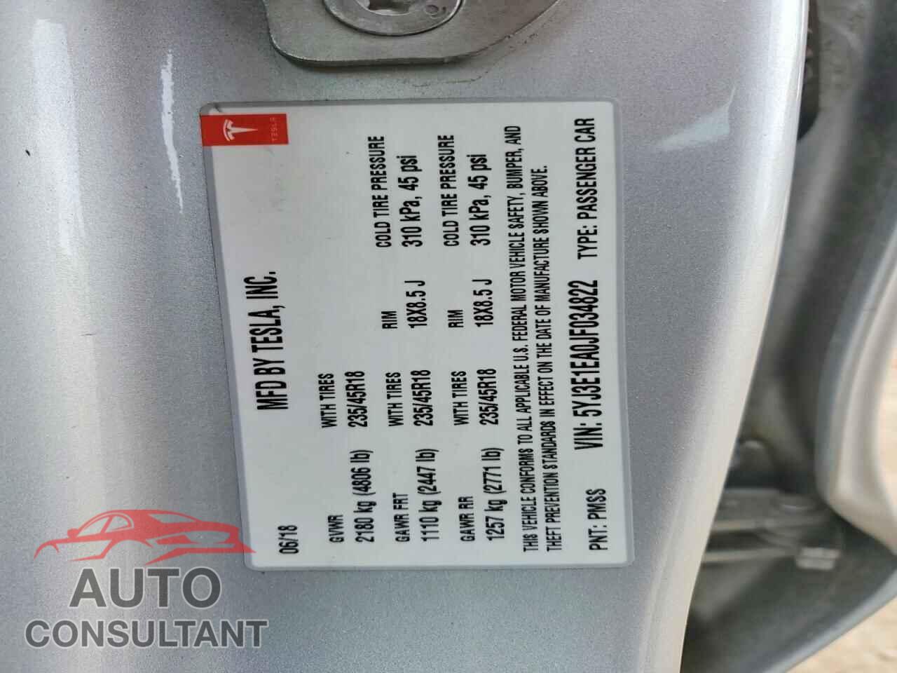 TESLA MODEL 3 2018 - 5YJ3E1EA0JF034822