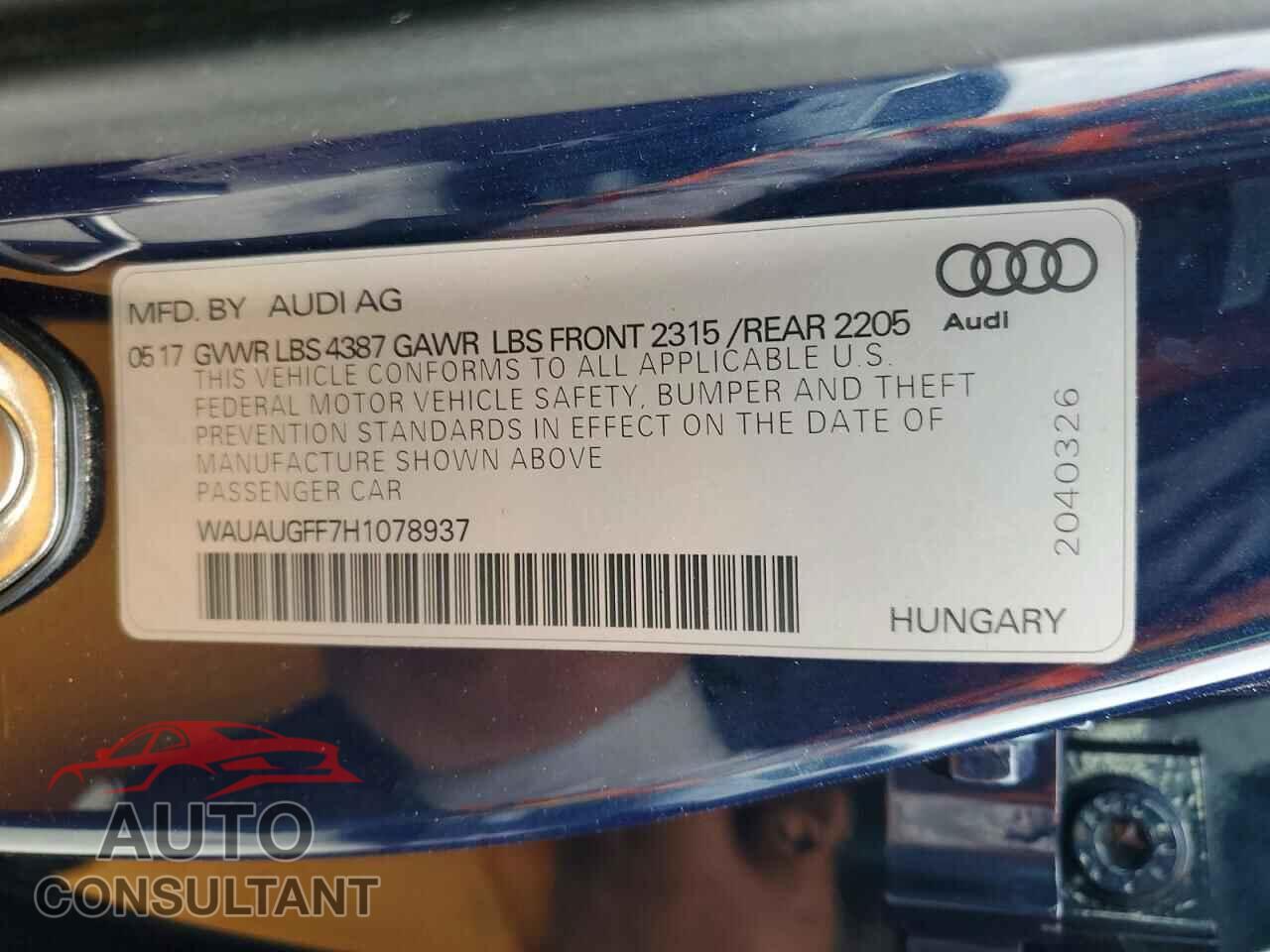 AUDI A3 2017 - WAUAUGFF7H1078937