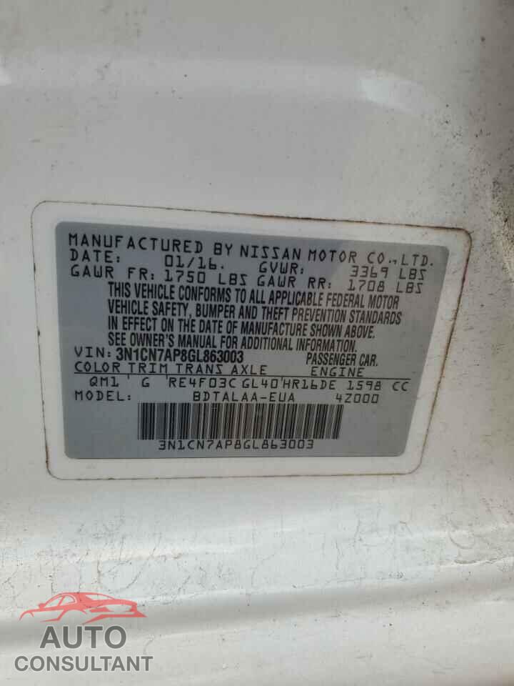 NISSAN VERSA 2016 - 3N1CN7AP8GL863003