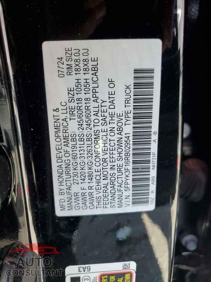 HONDA RIDGELINE 2024 - 5FPYK3F16RB029541