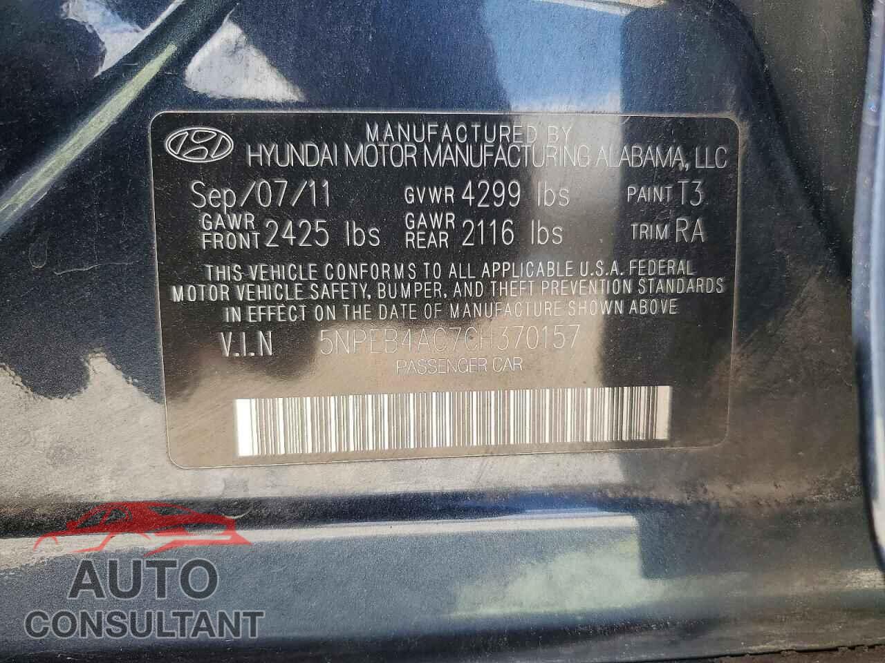 HYUNDAI SONATA 2012 - 5NPEB4AC7CH370157